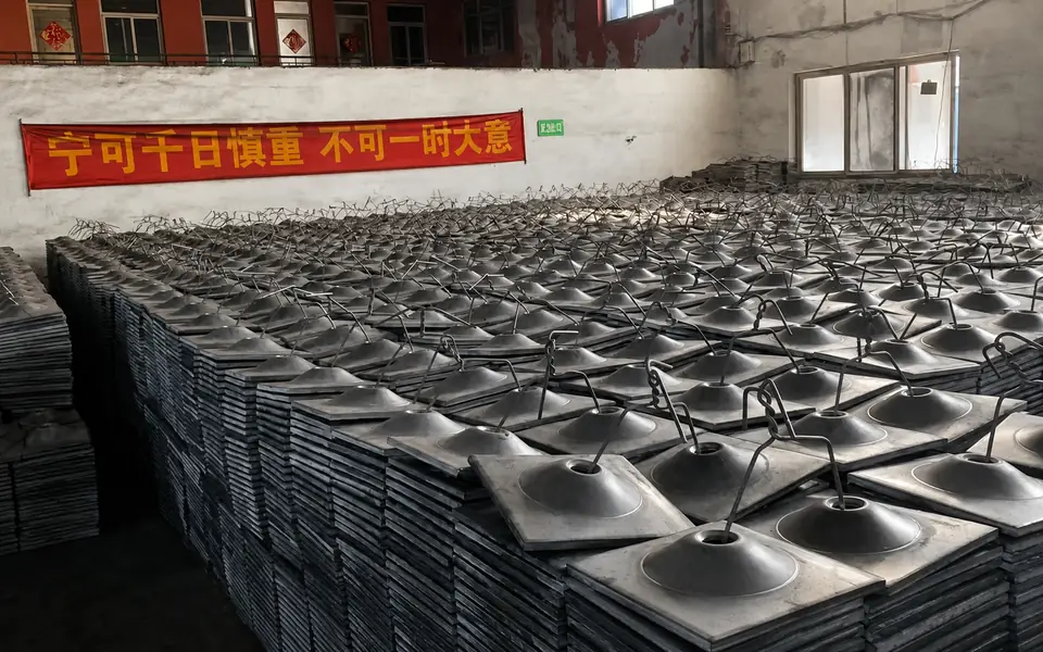 Stacked formed steel plates with central openings inside the Xianhong Mining workshop