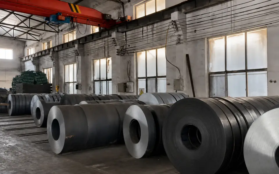 Steel coils stored beneath an overhead crane inside the Xianhong Mining workshop