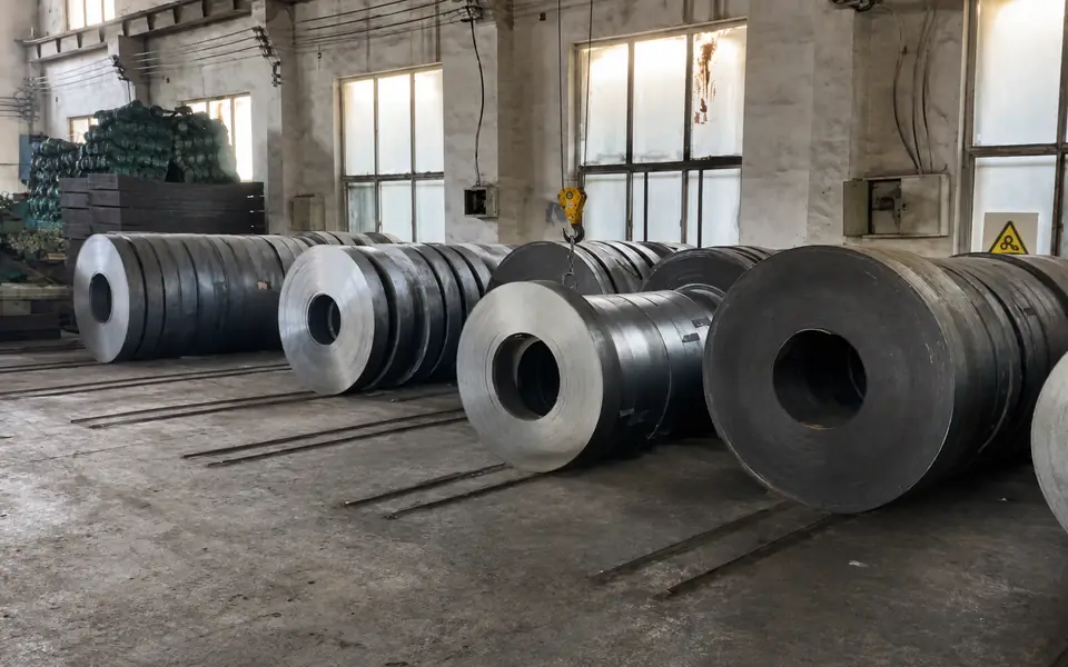 Steel coils staged near an overhead lifting point inside the Xianhong Mining workshop