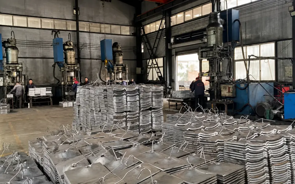 Forming presses, stacked steel components and workers inside the Xianhong Mining workshop