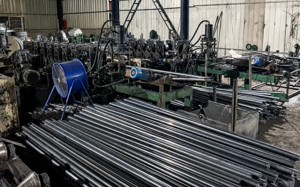 Steel tubes and processing equipment inside the Xianhong Mining workshop