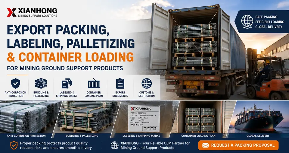 Mining ground support product export packing showing bundles, shipping labels, pallets and container loading preparation
