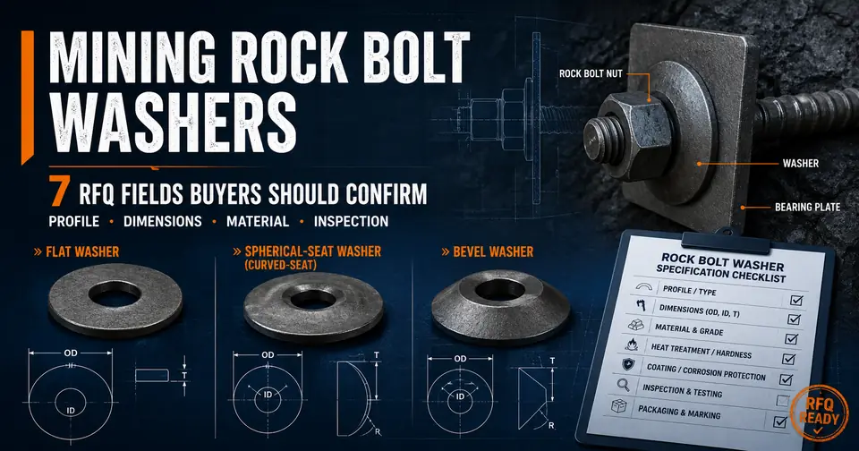 Mining rock bolt washers with flat, spherical-seat and bevel profiles for RFQ specification review