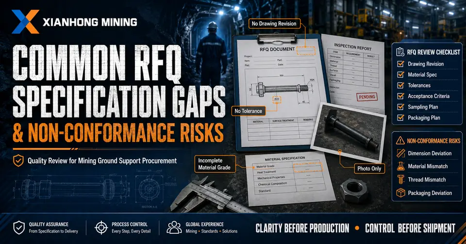 Mining RFQ specification checklist showing drawing revision, material requirements, tolerances and quality risk prevention