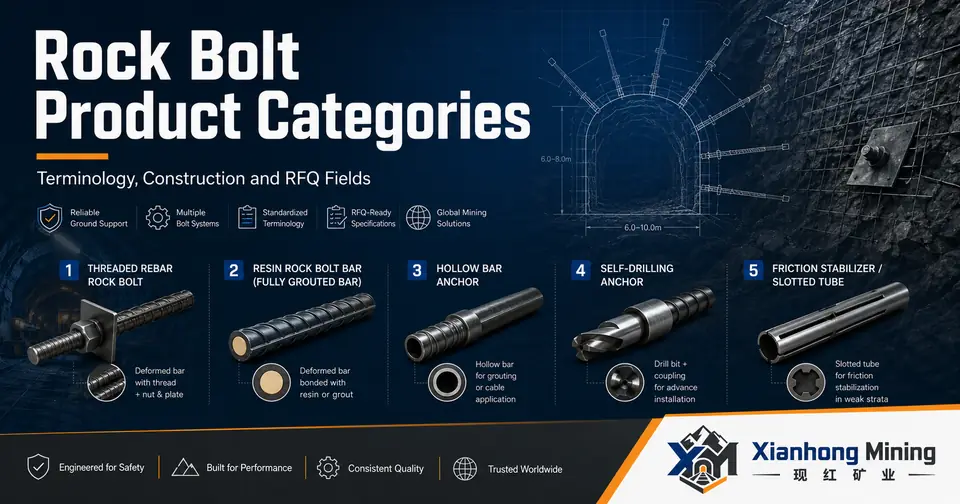 Rock bolt product categories guide showing threaded rebar bolts, resin bolts, hollow bars and self-drilling anchors for mining procurement
