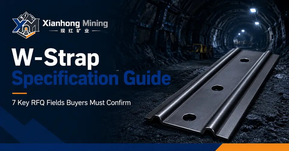 W-Strap specification guide showing mining ground support steel strap dimensions and RFQ requirements