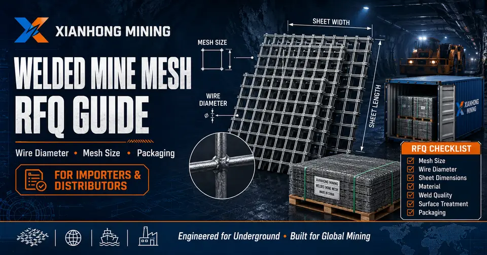 Welded mine mesh specification guide covering opening or spacing convention, wire diameter, panel dimensions and OEM procurement requirements